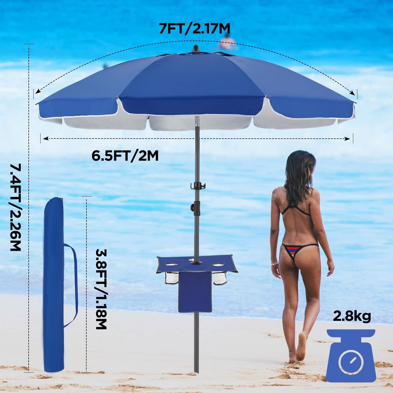 7FT Heavy Duty Windproof 8 Steel Ribs Adjustable Lift Beach Umbrellas With Table Tray Sand Anchor UV50+ Outdoor Sun Parasol