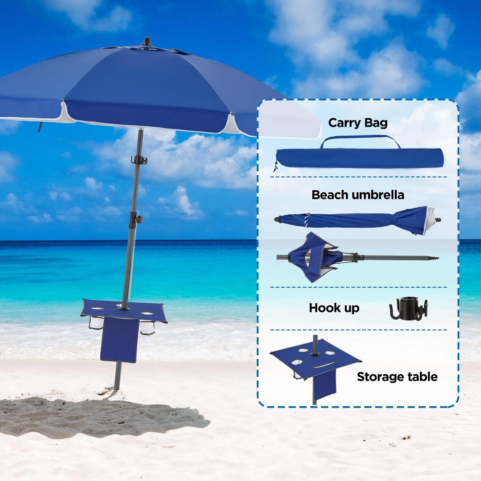 7FT Heavy Duty Windproof 8 Steel Ribs Adjustable Lift Beach Umbrellas With Table Tray Sand Anchor UV50+ Outdoor Sun Parasol