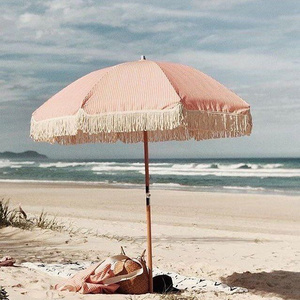 Wholesale Australia Vintage Boho Pink Wooden Polyester Windproof Sunshade Garden Parasols Beach Umbrella With Tassel For Outdoor