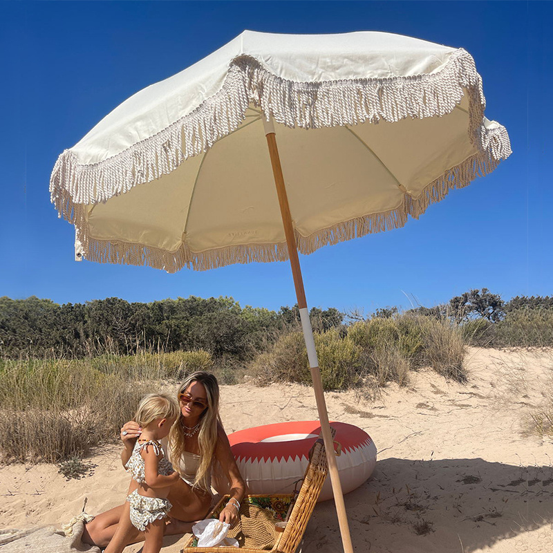 Wholesale Custom Logo Heavy Duty Large Outdoor Wooden Pole Boho White Macrame Bali Beach Umbrella with Tassel Fringe Sun Parasol