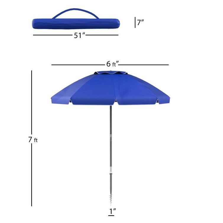 Custom 6ft Aluminum Pole Fiberglass Ribs Windproof Sun Shade Parasol Lightweight Blue Outdoor Beach Umbrella For Picnic Patio