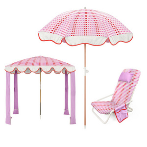 Outdoor Custom Logo 6ft 7ft Beach Set Outdoor Shade UV 50+ Protection Wooden Beach Umbrella and Beach Chair Portable Cool Cabana