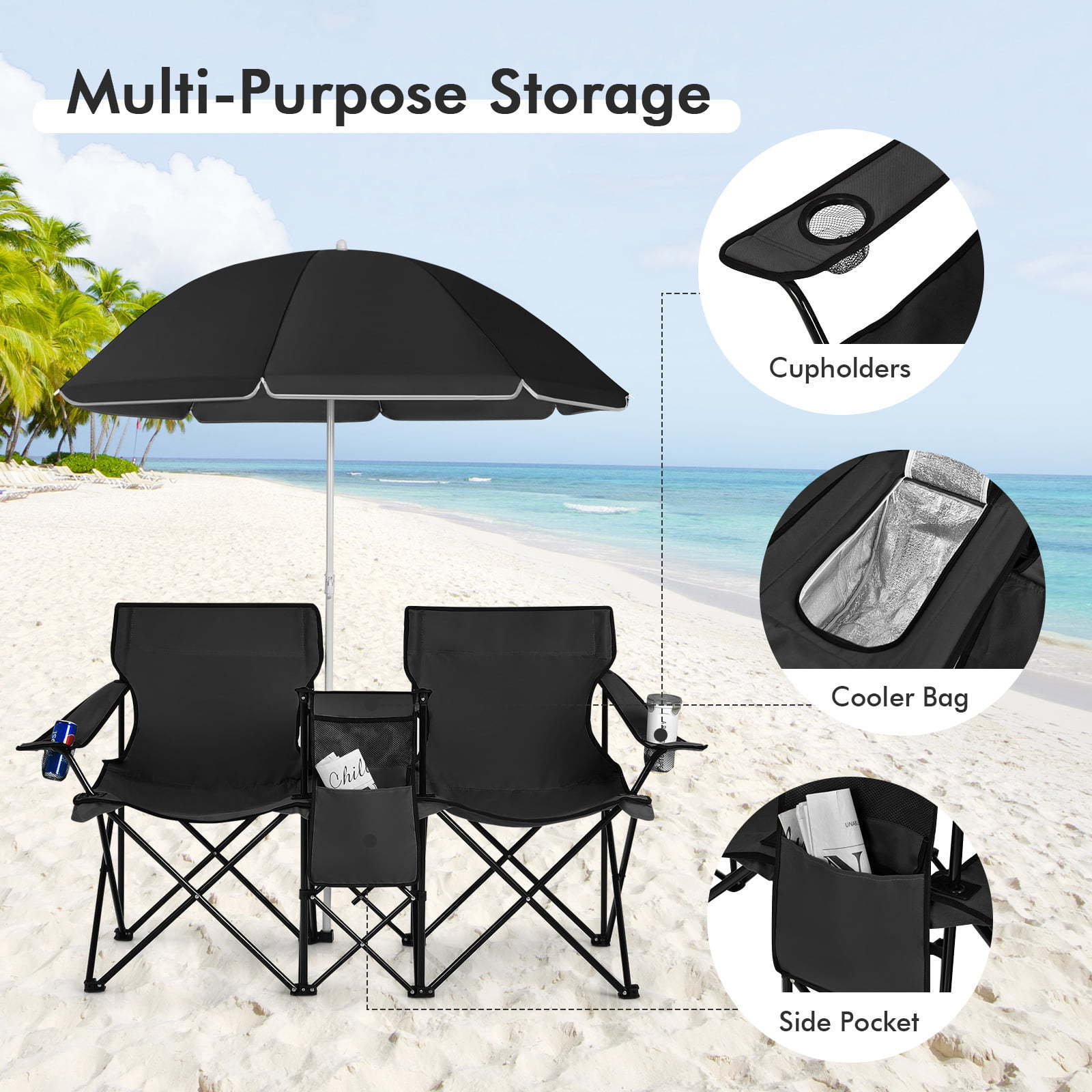 Cheap Black Double Folded Lawn Fishing Camping Chair And Table Set 2-person Folding Camping Beach Chair with Umbrella Canopy