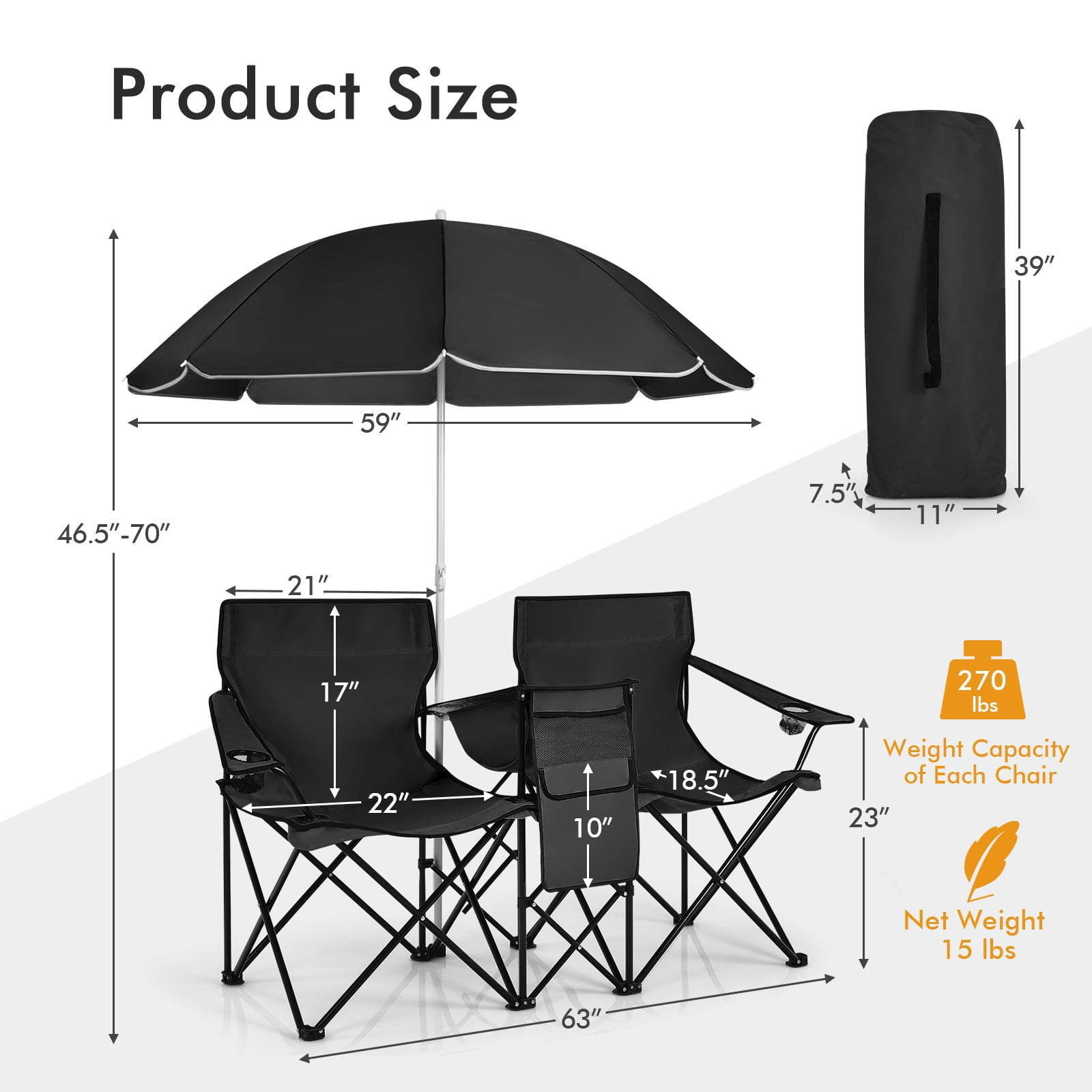 Cheap Black Double Folded Lawn Fishing Camping Chair And Table Set 2-person Folding Camping Beach Chair with Umbrella Canopy