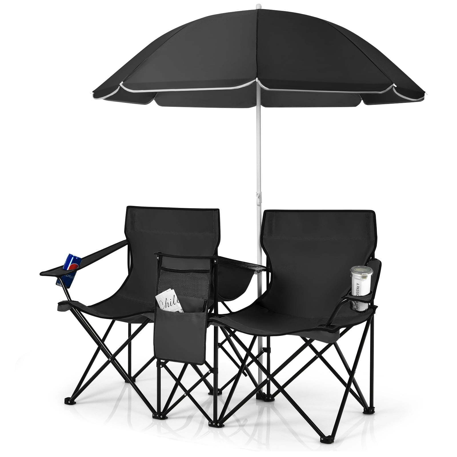 Cheap Black Double Folded Lawn Fishing Camping Chair And Table Set 2-person Folding Camping Beach Chair with Umbrella Canopy