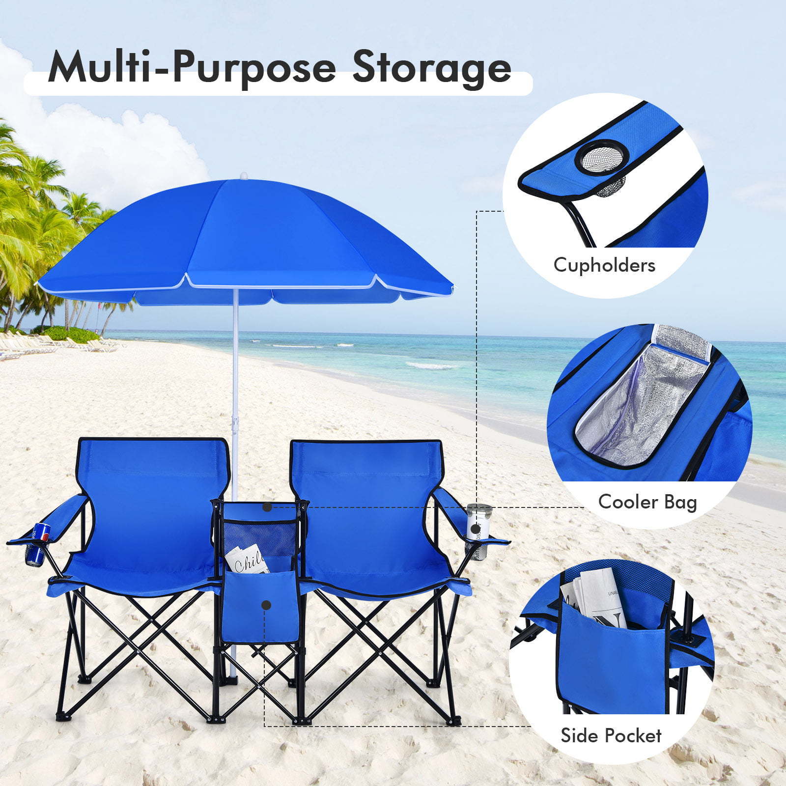 Wholesale Portable Folding Picnic Double Chair With Umbrella Table Cooler Beach Camping Chair And Table Set Blue For Adults