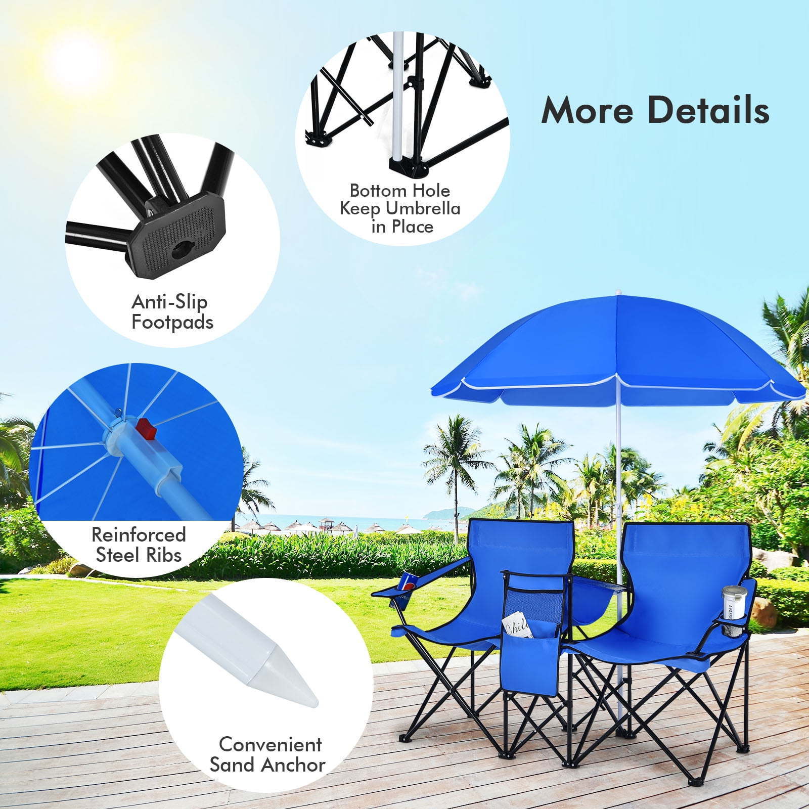 Wholesale Portable Folding Picnic Double Chair With Umbrella Table Cooler Beach Camping Chair And Table Set Blue For Adults