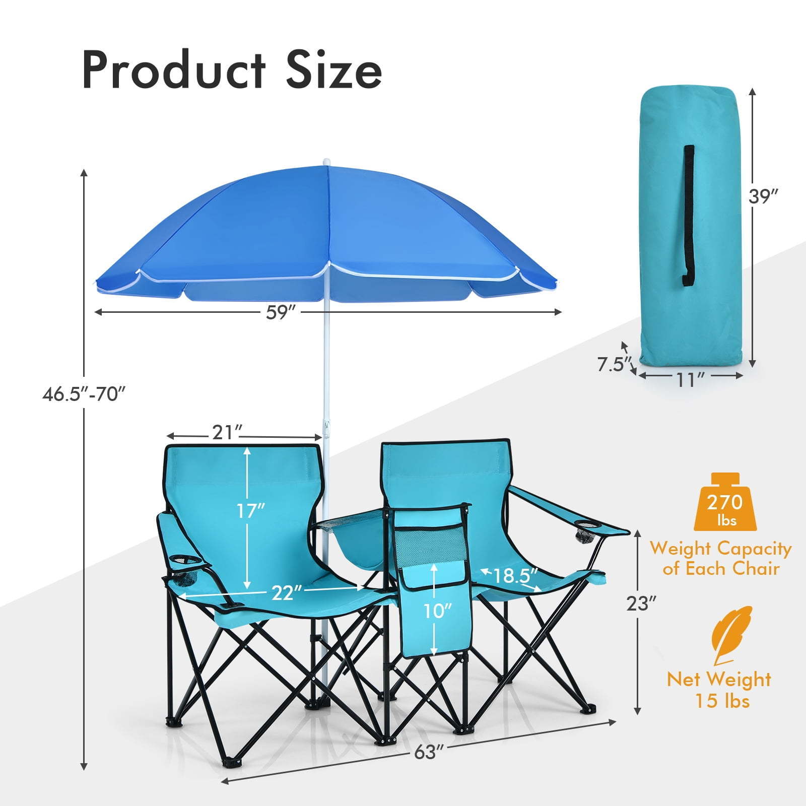 Wholesale Portable Folding Picnic Double Chair With Umbrella Table Cooler Beach Camping Chair And Table Set Blue For Adults