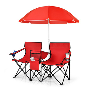 Double Seat Portable Picnic Folding Camping Chair Set With Umbrella Table Cup Holder Carry Bag Cooler Fold Up Table for Outdoor