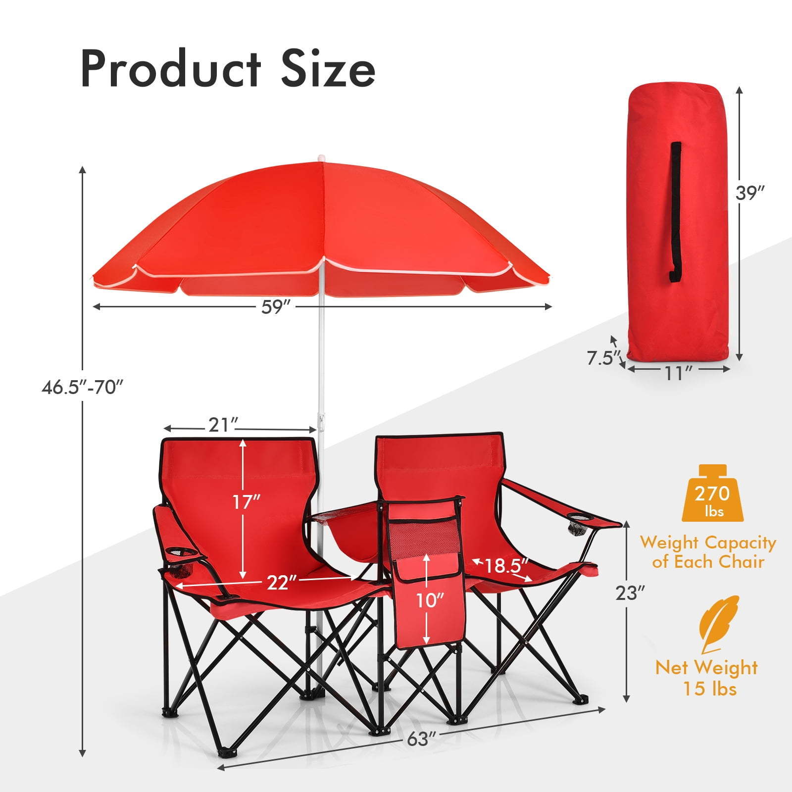 Double Seat Portable Picnic Folding Camping Chair Set With Umbrella Table Cup Holder Carry Bag Cooler Fold Up Table for Outdoor