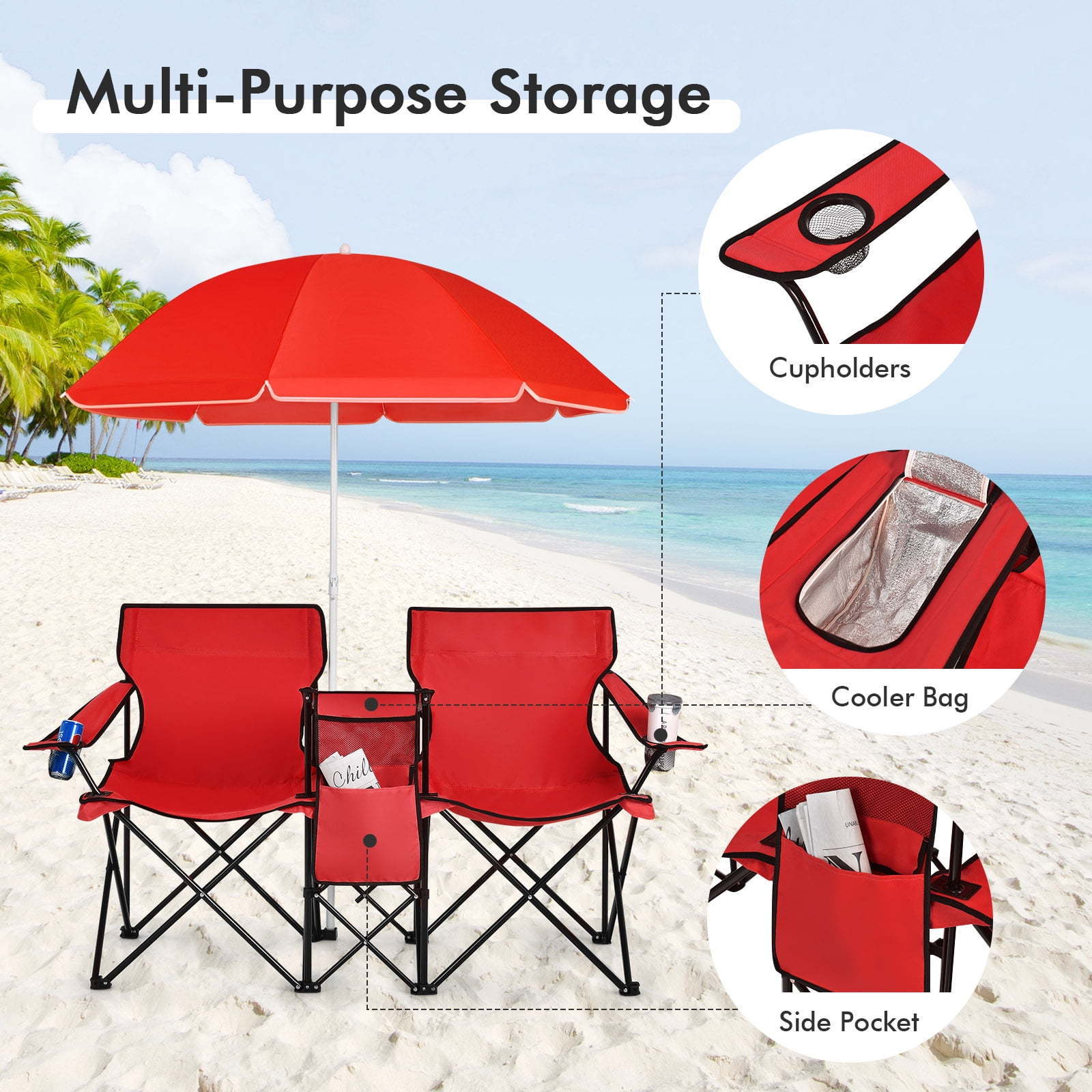 Double Seat Portable Picnic Folding Camping Chair Set With Umbrella Table Cup Holder Carry Bag Cooler Fold Up Table for Outdoor