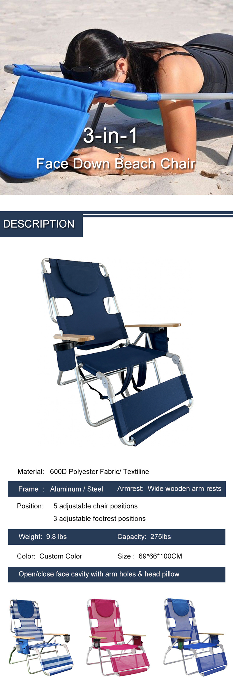 Hot Selling Backpack Beach Chair Folding Beach Lounge Chair With Adjustable Face Hole Removable Pillow 3-in-1 Chair For Tanning