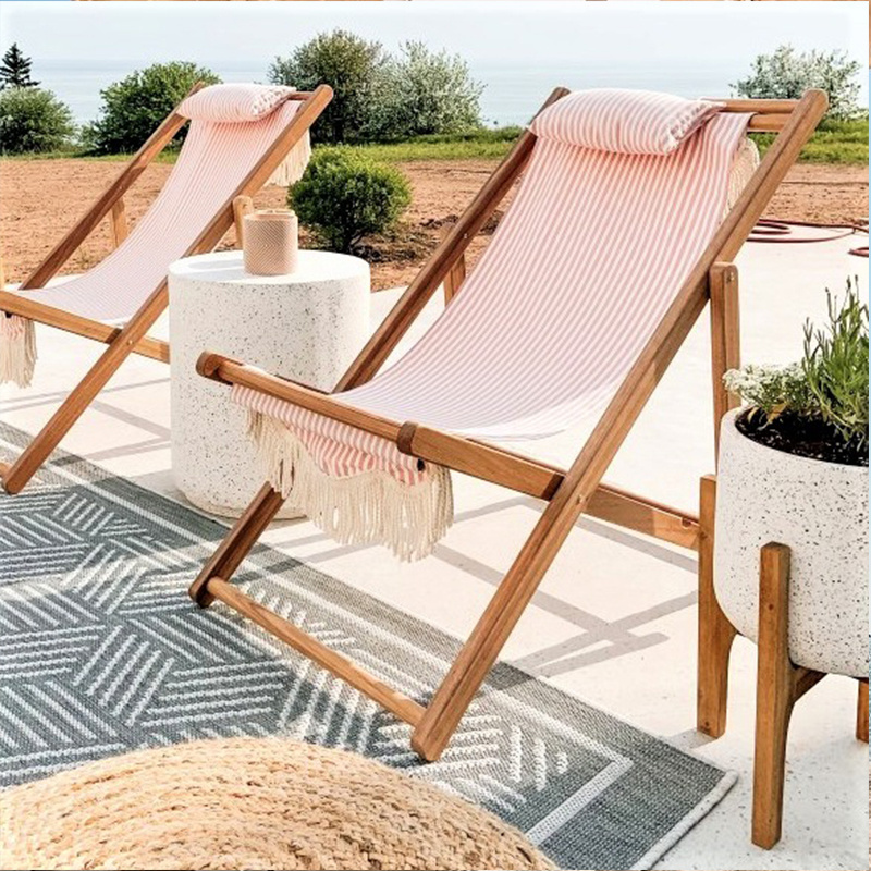 Wholesale Premium Vintage Pink Stripe Outdoor Patio Lounge Foldable Wooden Frame Canvas Fabric Cotton Fringe Beach Sling Chair