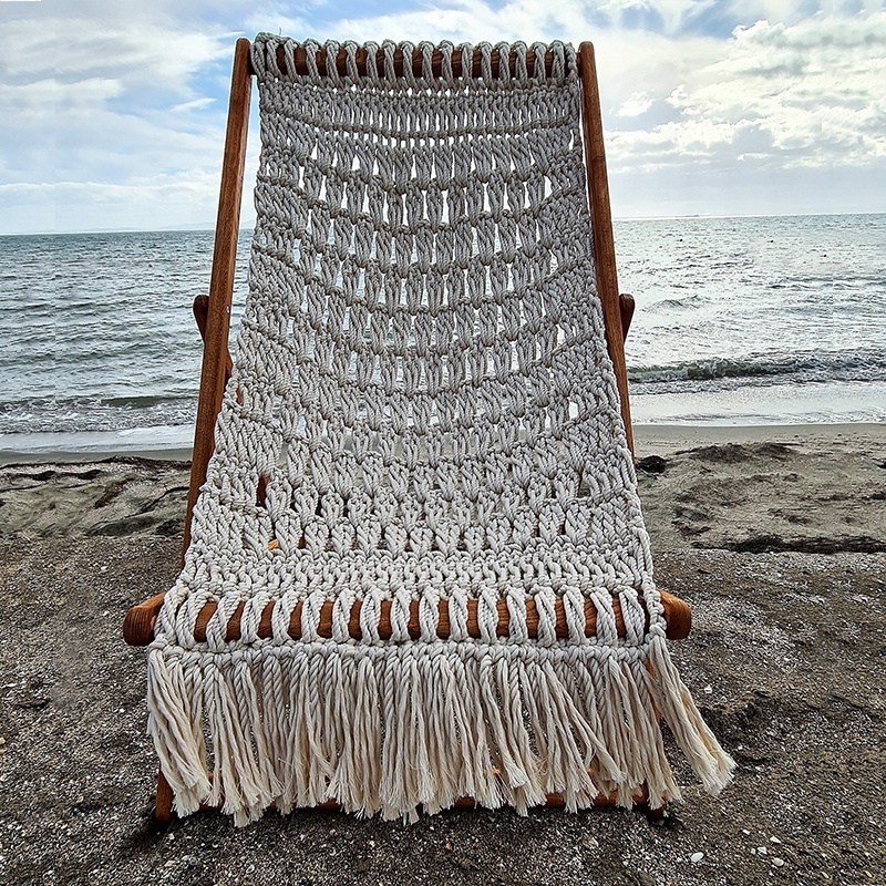 Outdoor Relax Bali Bohemia Cotton Rope Macrame Weaving Deck Beach Sling Chair Folding Wooden Lawn Patio Lounger Reclining Chairs