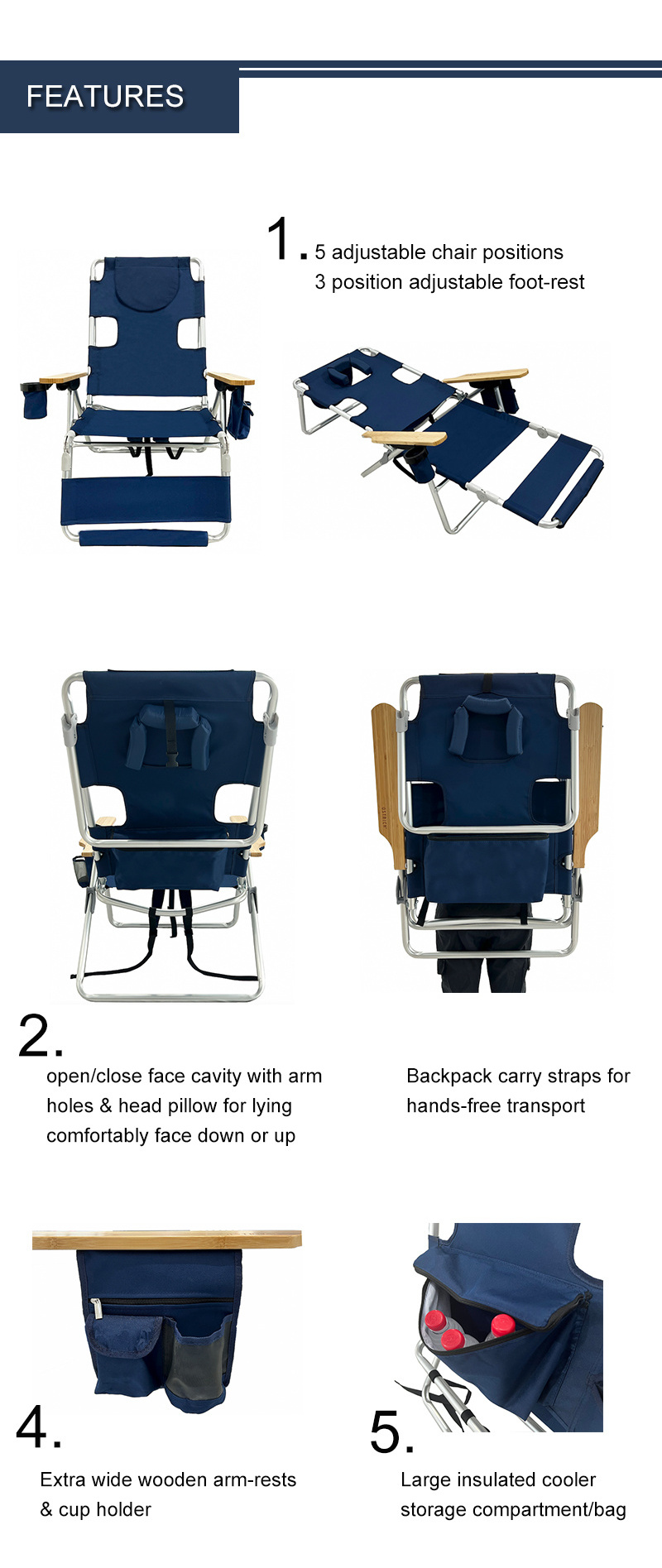 Hot Selling Backpack Beach Chair Folding Beach Lounge Chair With Adjustable Face Hole Removable Pillow 3-in-1 Chair For Tanning