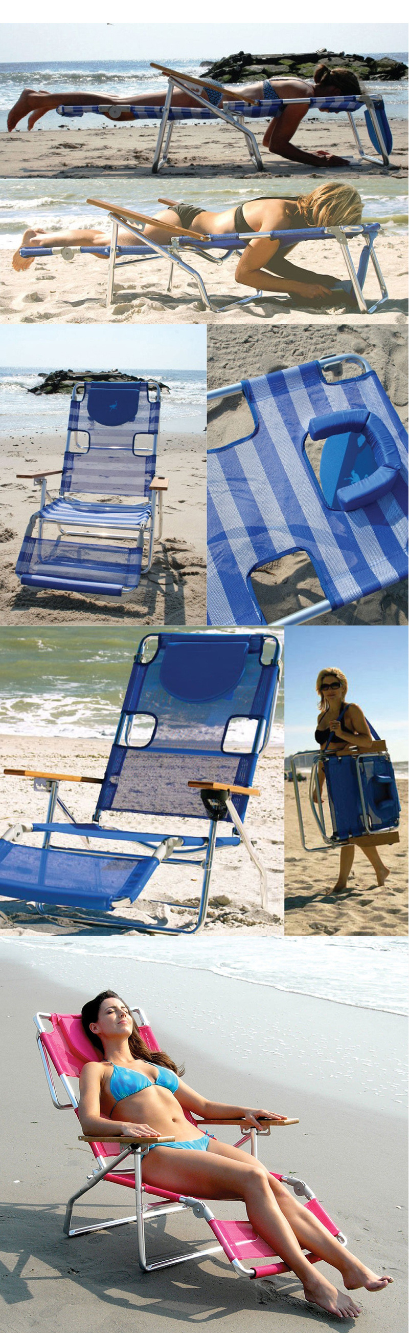 Hot Selling Backpack Beach Chair Folding Beach Lounge Chair With Adjustable Face Hole Removable Pillow 3-in-1 Chair For Tanning