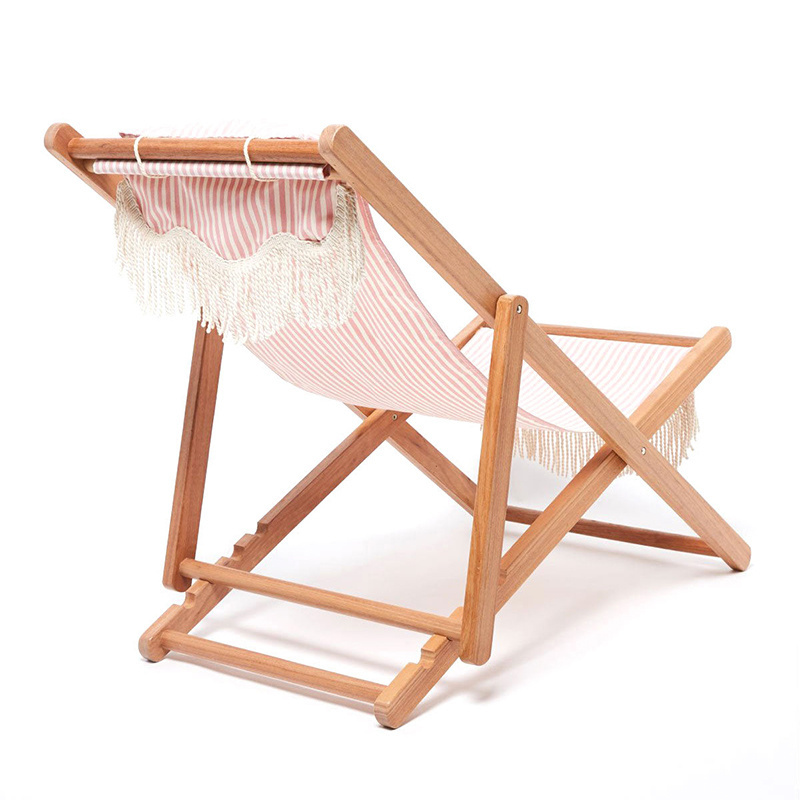 Wholesale Premium Vintage Pink Stripe Outdoor Patio Lounge Foldable Wooden Frame Canvas Fabric Cotton Fringe Beach Sling Chair