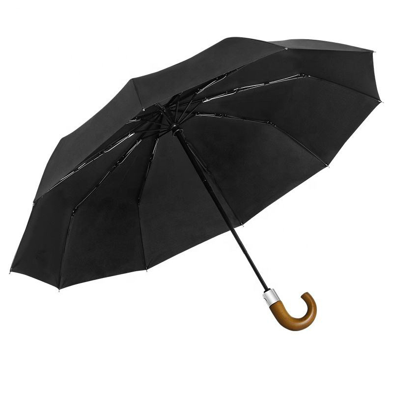 Luxury Fashion Gents Comfortable wooden Curved Handle folding automatic windproof compact travel umbrella