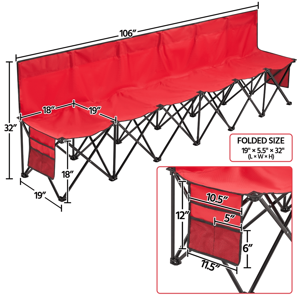 4 6 Seats Portable Foldable Bench For Sports Camping Chair Steel Frame Black Durable 600D Oxford Fabric Outdoor Folding Chair