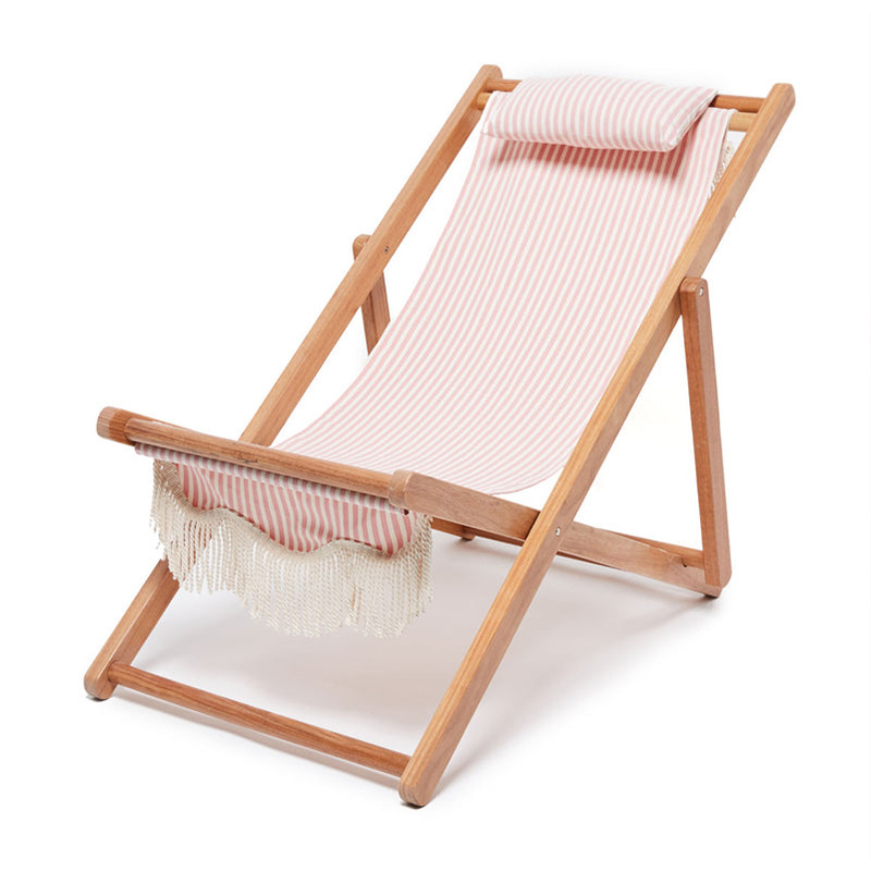 Wholesale Premium Vintage Pink Stripe Outdoor Patio Lounge Foldable Wooden Frame Canvas Fabric Cotton Fringe Beach Sling Chair