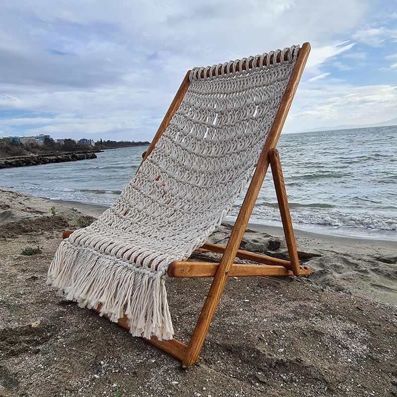 Outdoor Relax Bali Bohemia Cotton Rope Macrame Weaving Deck Beach Sling Chair Folding Wooden Lawn Patio Lounger Reclining Chairs