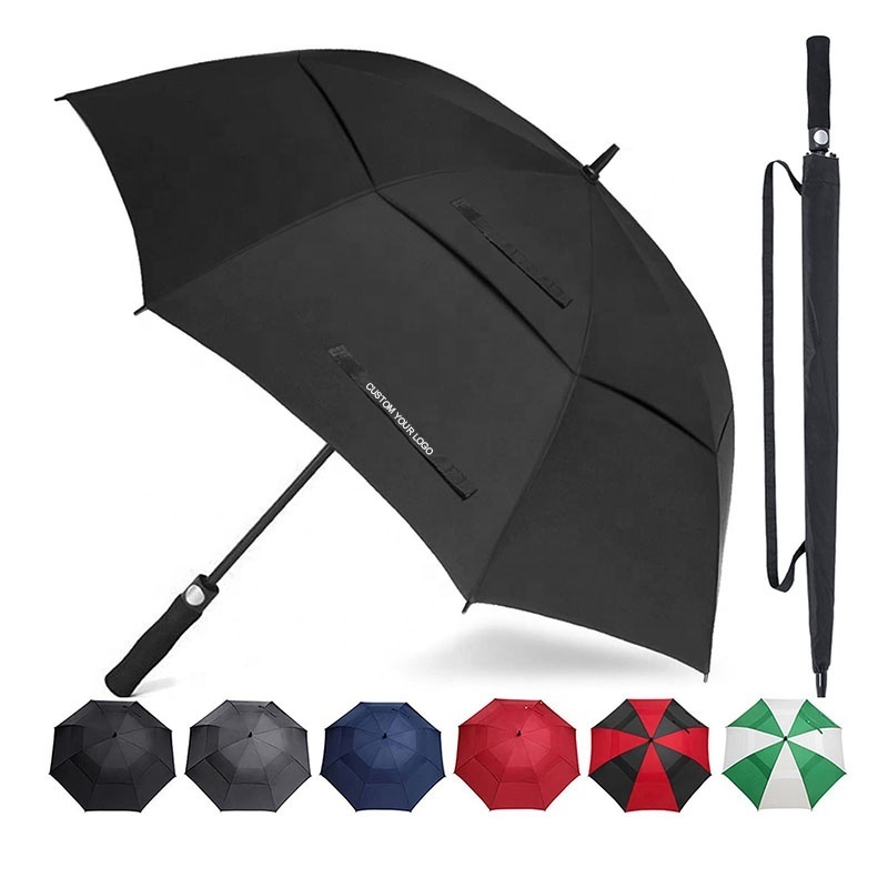 Factory Wholesale Large Double, Canopy Vented Windproof Branded Golf Umbrella Custom Logo Prints Promotional Straight Umbrella/