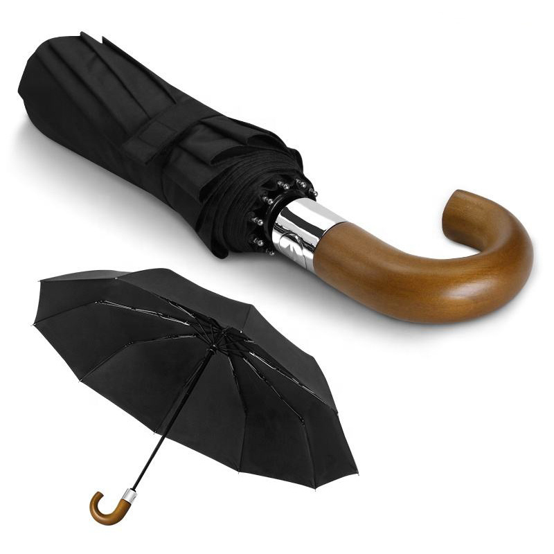 Luxury Fashion Gents Comfortable wooden Curved Handle folding automatic windproof compact travel umbrella