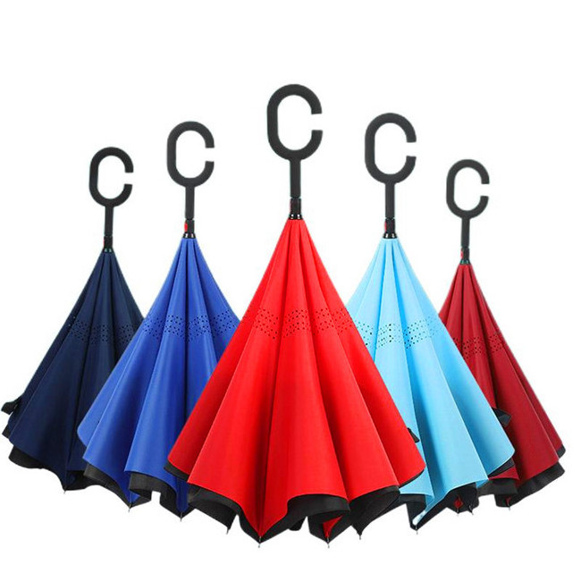 Wholesale Custom Logo Printed Double Fabric Windproof C shape Handle,Upside Down Inverted Reverse Rain Umbrella /