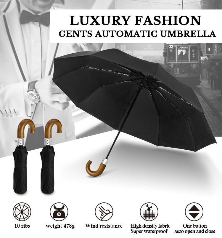 Luxury Fashion Gents Comfortable wooden Curved Handle folding automatic windproof compact travel umbrella