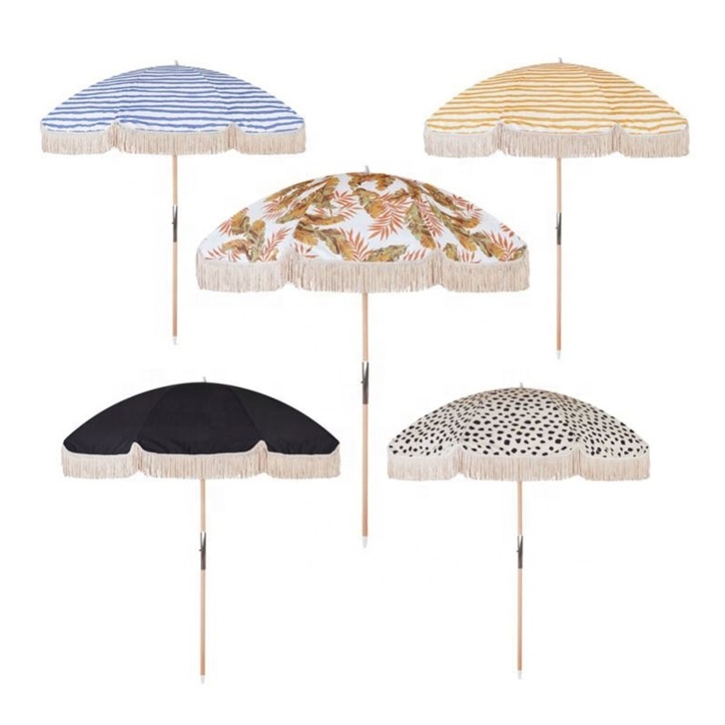 Furniture Logo Print Outdoor UV Sun Protection Wooden Premium Canvas Luxury Vintage Parasol Patio Beach Umbrellas With Fringe