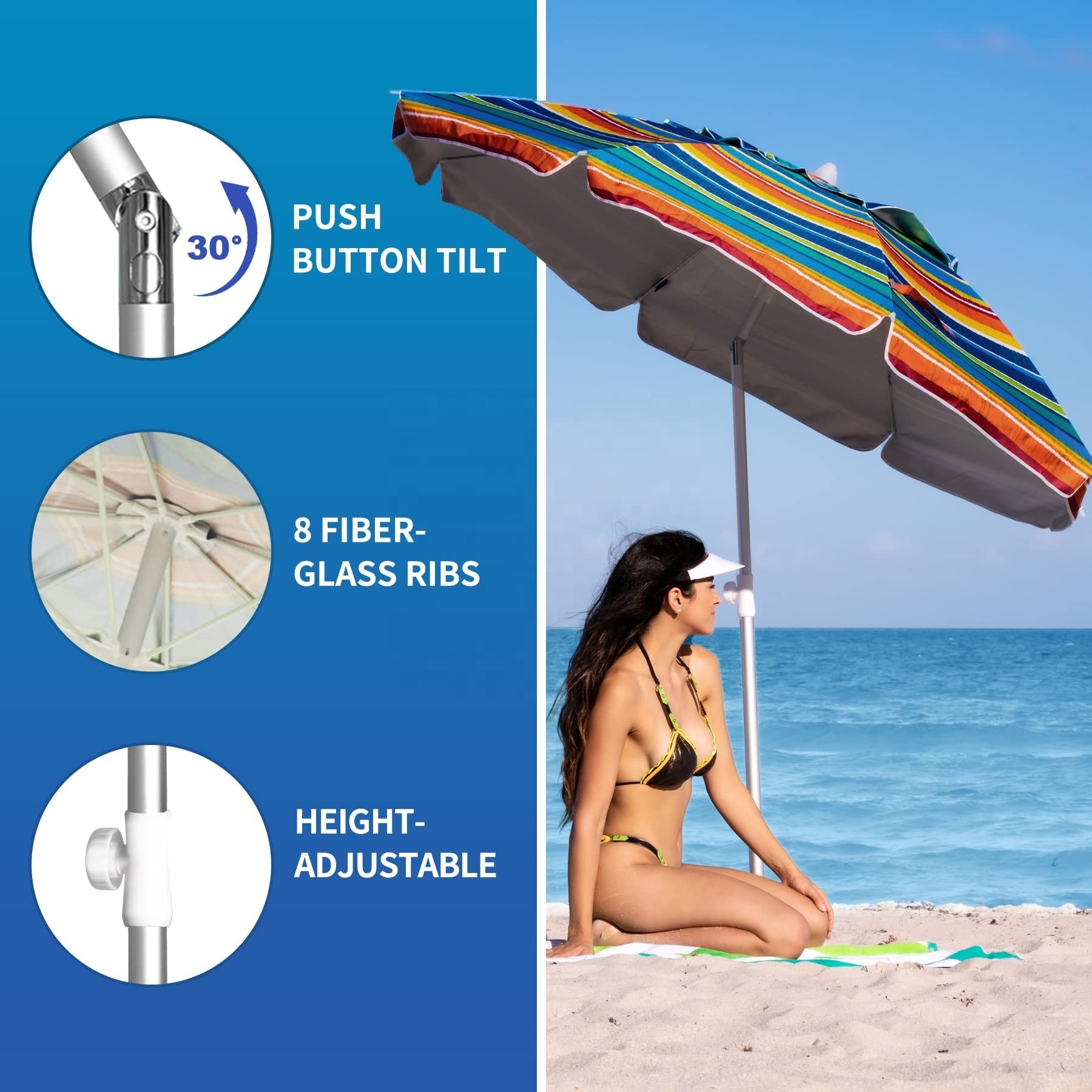 Profesional Custom LOGO Advertising Outdoor Parasol Adjust Tilting Mechanism UPF50+ Stripe Beach Sun Umbrella For Outdoor Travel