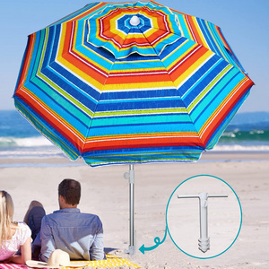 Profesional Custom LOGO Advertising Outdoor Parasol Adjust Tilting Mechanism UPF50+ Stripe Beach Sun Umbrella For Outdoor Travel