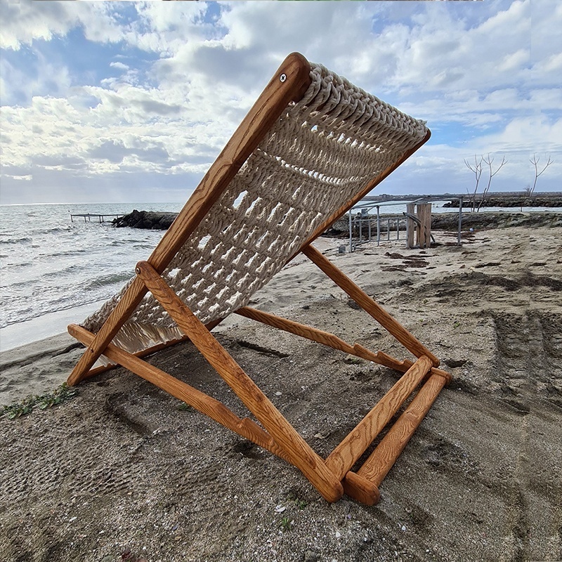 Outdoor Relax Bali Bohemia Cotton Rope Macrame Weaving Deck Beach Sling Chair Folding Wooden Lawn Patio Lounger Reclining Chairs