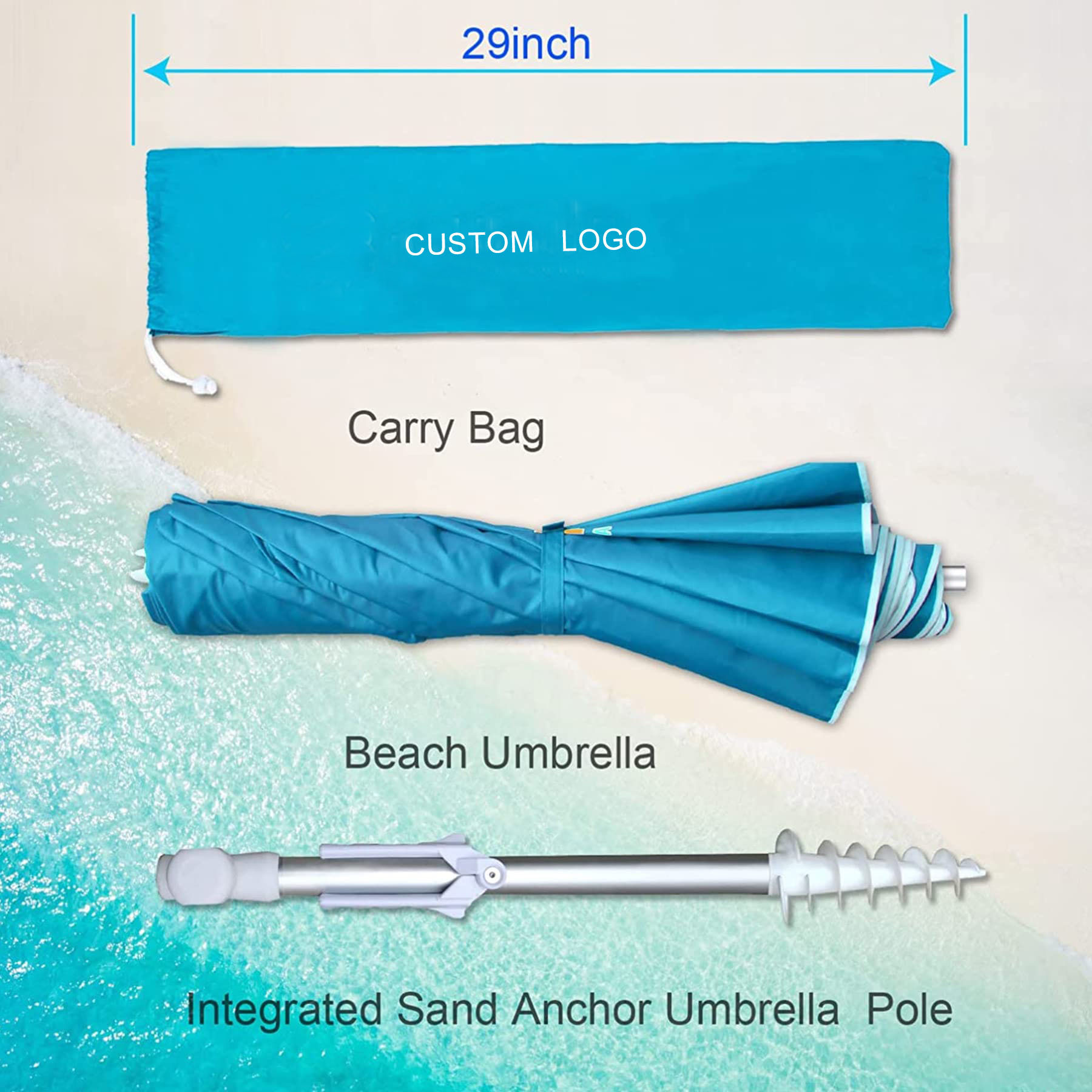 Wholesale Easy Portable Steel Frame Aluminum UV Protection Dia 200cm Canopy Beach Umbrella Parasols With Anchor Drill For Travel