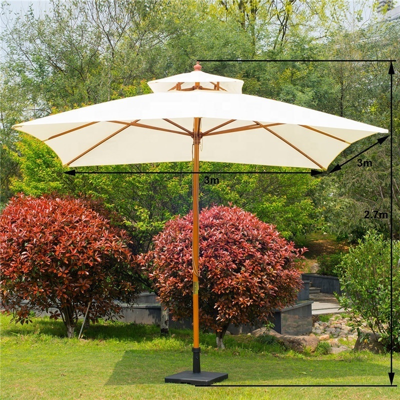 10ft Square Patio Garden Sun Umbrella Sunshade Outdoor Wood Wooden Parasol with Double Canopy