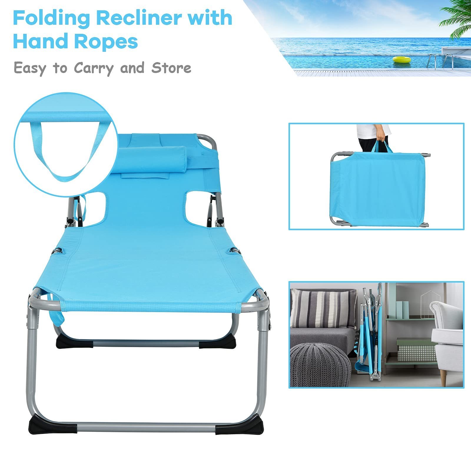 Outdoor Pool Adjustable 5 Positions Backrest Folding Tanning Chair Sun Lounge Removable Pillow Beach Chairs With Face Arm Hole