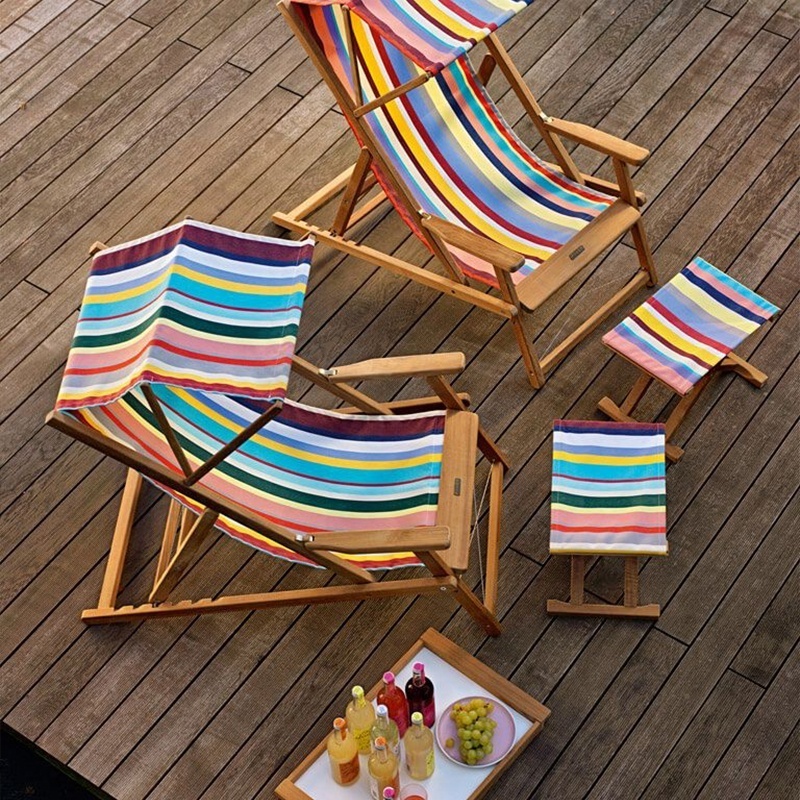 Outdoor Deluxe Boho Striped Adjustable Back Patio Sun Lounge Recliner Folding Wooden Armrest Deck Beach Chairs With Shade Canopy