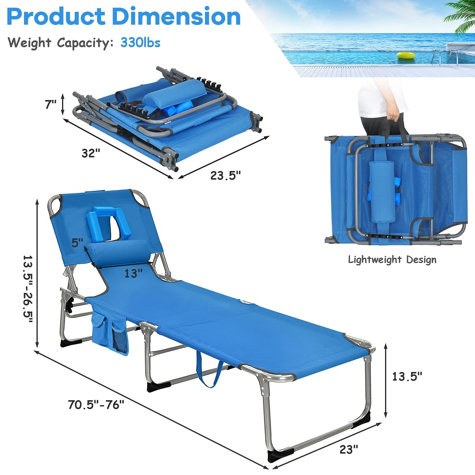 Portable Foldable Durable Oxford Fabric Outdoor Swimming Pool Sun Lounger Beach Chair Aluminum Tanning Chair with Face Arm Holes