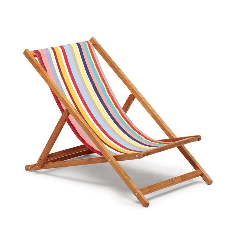 Wholesale Vintage 6 Position Foldable Wooden Frame Relax Lounge For Garden Patio Sunshade Canopy Sling Beach Chair With Footrest