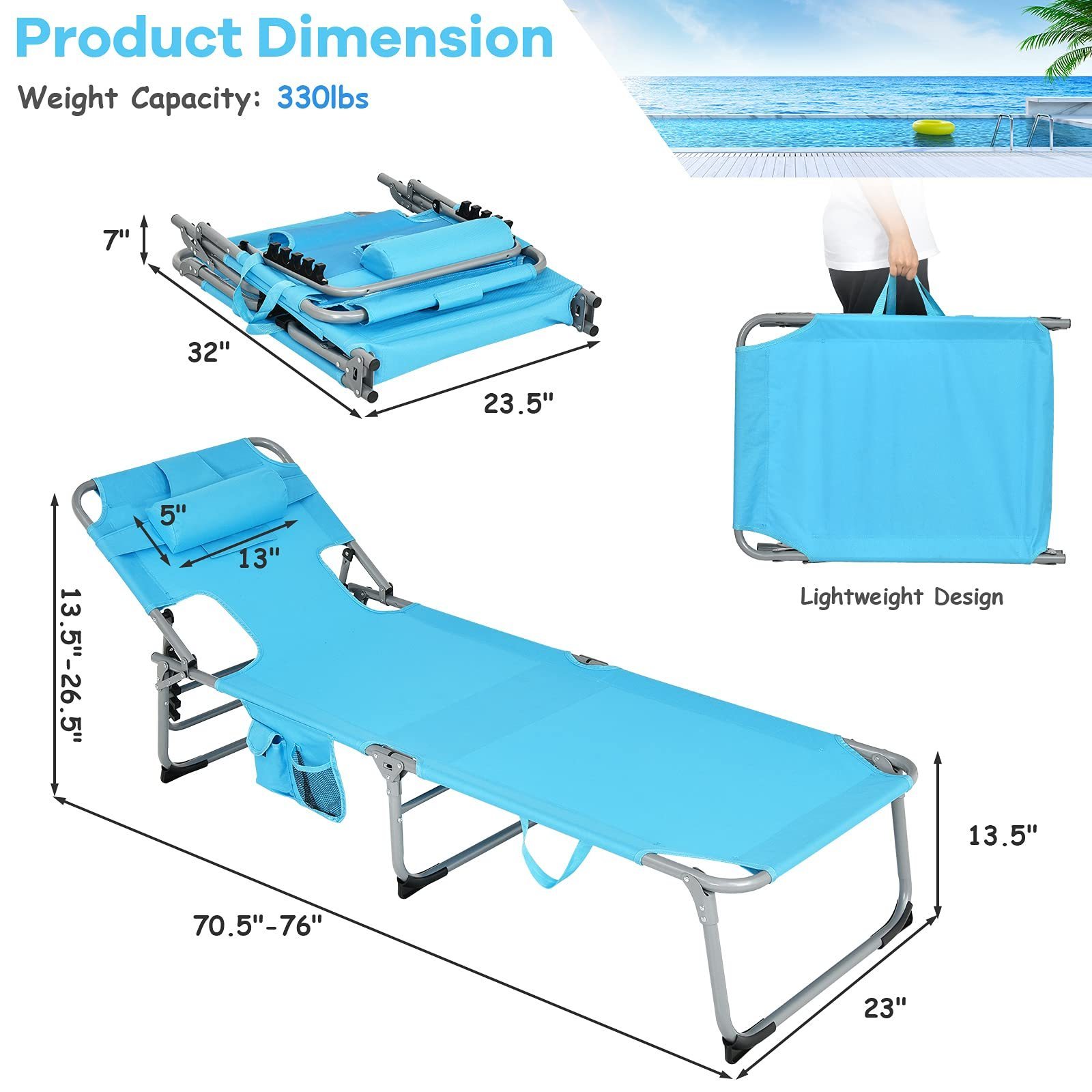 Outdoor Pool Adjustable 5 Positions Backrest Folding Tanning Chair Sun Lounge Removable Pillow Beach Chairs With Face Arm Hole