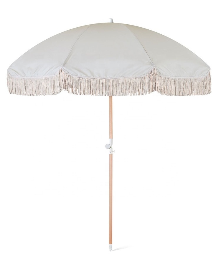 Furniture Logo Print Outdoor UV Sun Protection Wooden Premium Canvas Luxury Vintage Parasol Patio Beach Umbrellas With Fringe