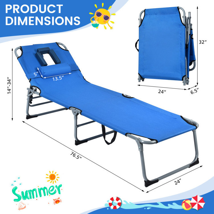 Relax Oxford Adjustable 5 Positions Reclining Lying Sunbathing Foldable Beach Lounge Chair With Face Hole Patio Tanning Chair