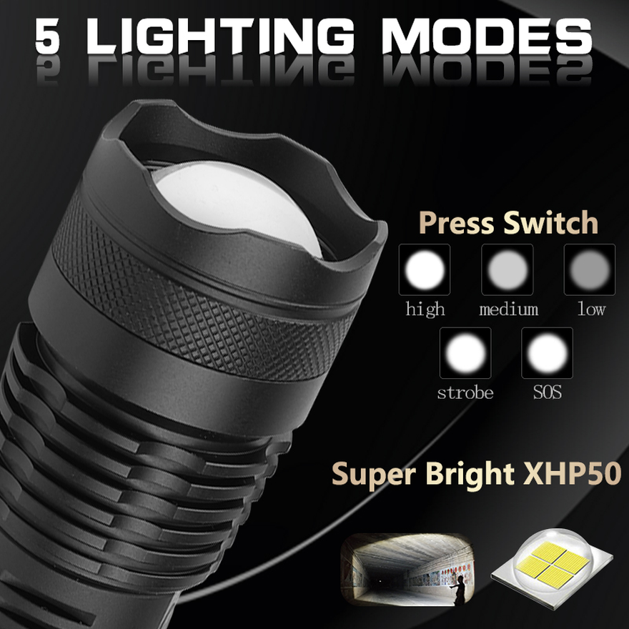 waterproof rechargeable tactical USB flashlight 18650 26650 powerful zoom super bright LED XHP50 flashlight