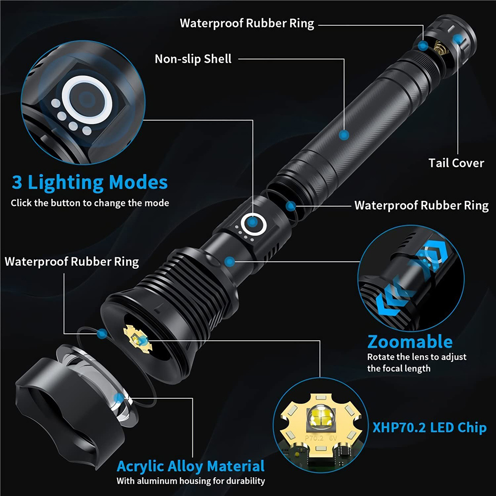 30W Rechargeable The Most Powerful XHP70 Flashlight high Lumen Waterproof Aluminum P70 LED Lanterna Torch With 26650 For Camping