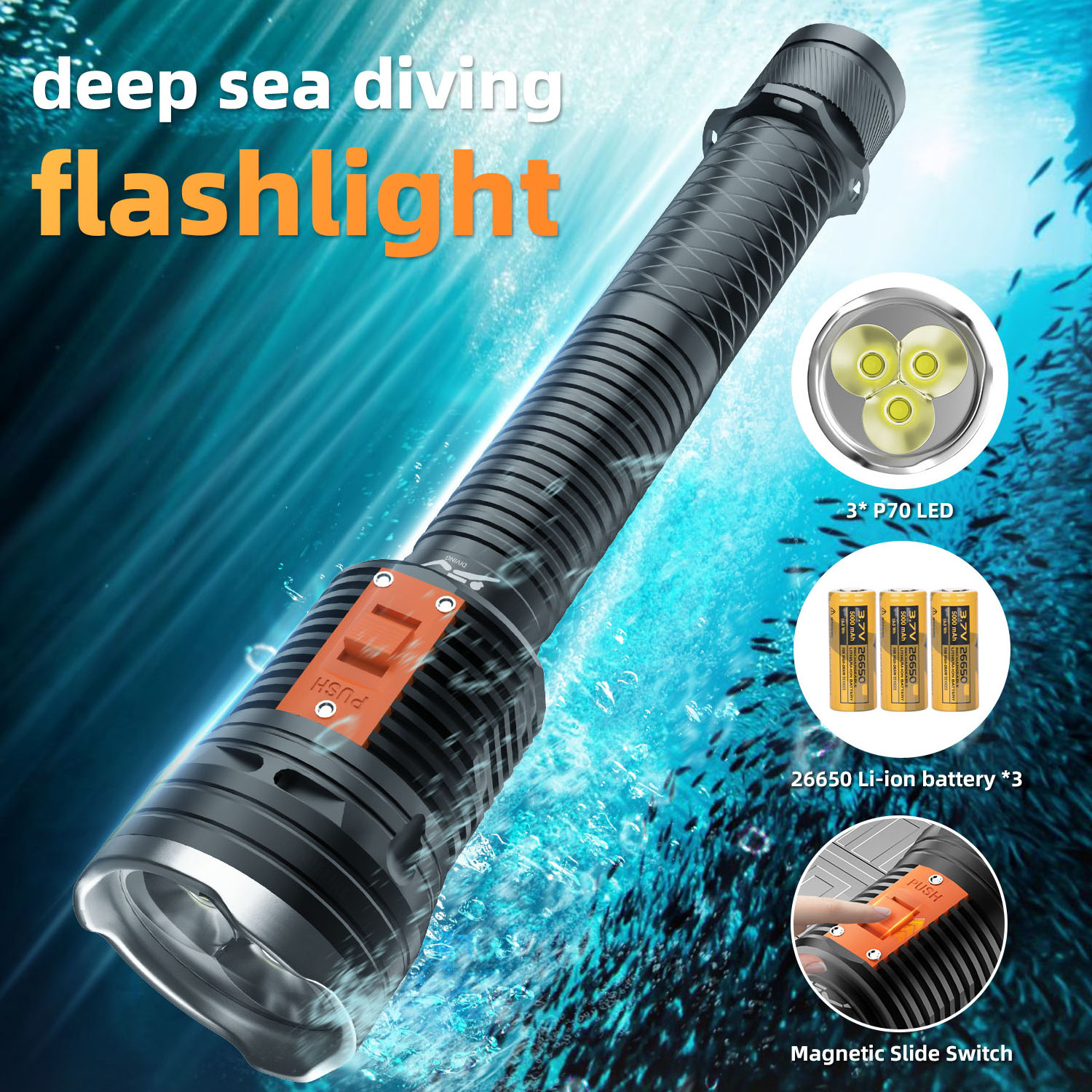 Scuba Diving Flashlight 100 Meter 3 XHP70 Waterproof IPX8 professional Underwater LED white light Diving Camping Lanterna Torch