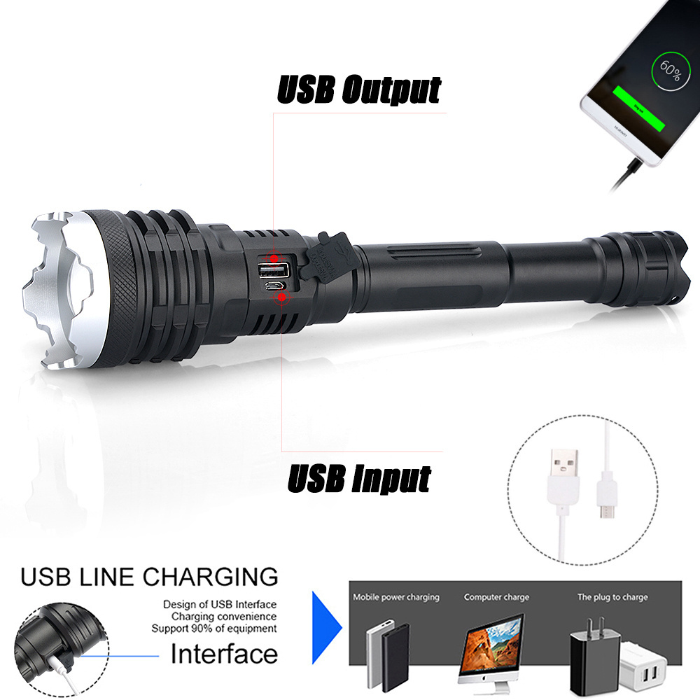 Outdoors High Lumens XHP160 LED Torch Discharging Zoomable USB Rechargeable Tactical 10000 Lumens Telescoping Flashlight