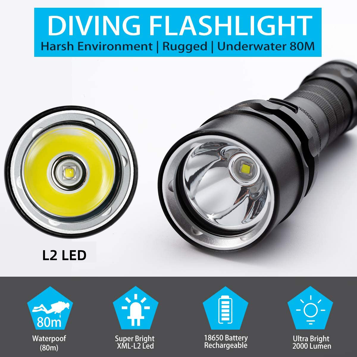 Professional underwater strong light 2000lm L2 rechargeable 18650 distant spotlight diving flashlight with Hand Strap