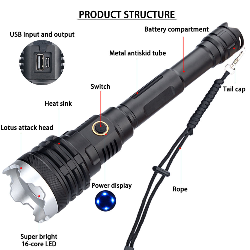 Outdoors High Lumens XHP160 LED Torch Discharging Zoomable USB Rechargeable Tactical 10000 Lumens Telescoping Flashlight