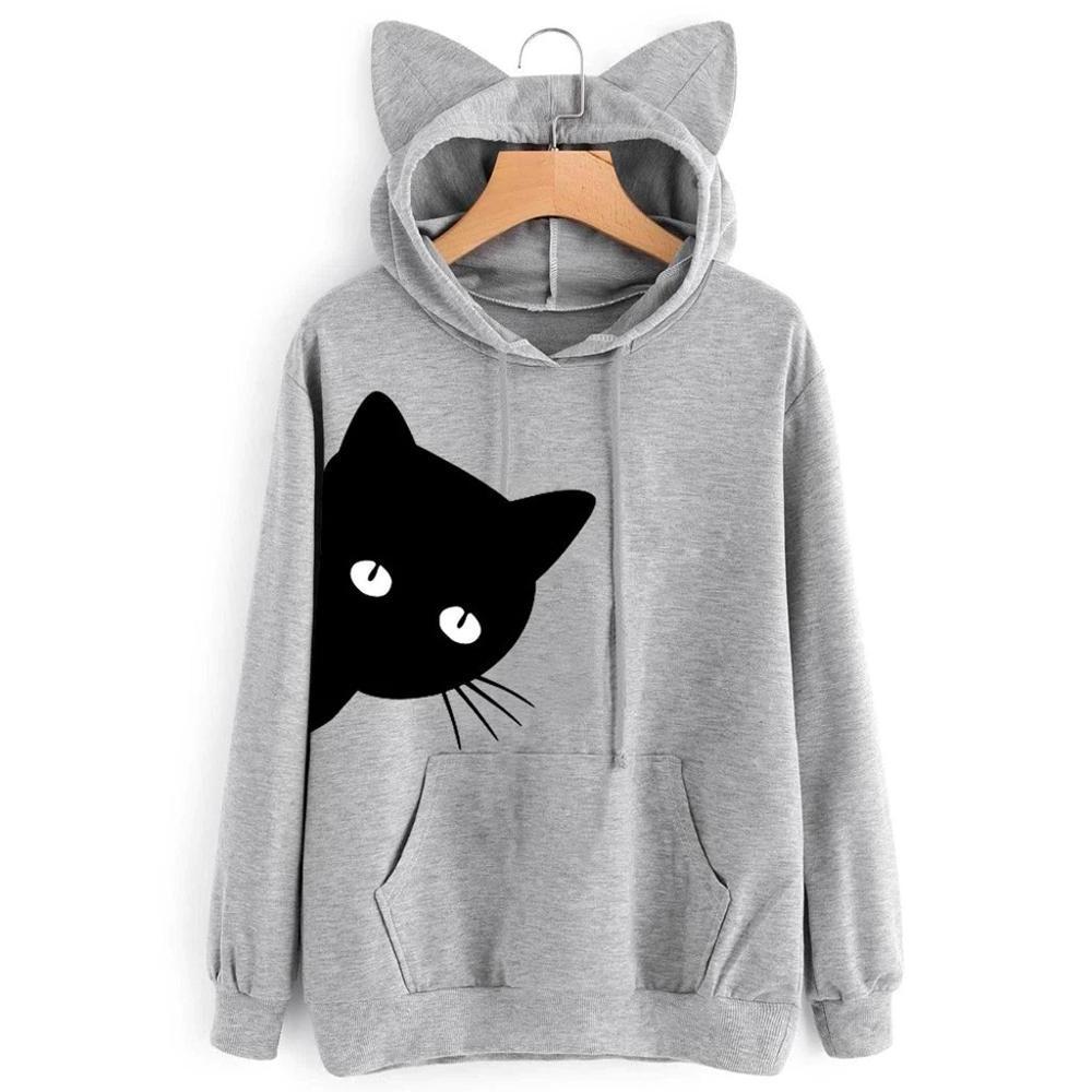 Women's Sweatshirt Cat Print Long Sleeve Blouse Hoodie Sweatshirts