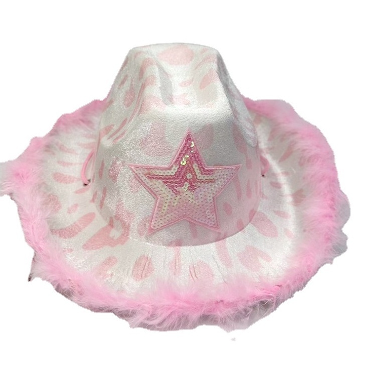 Feather Pink Star Cow Girl Hat Adjustable Neck Draw String Cow Hat Adult Size Cowboy Hat for Costume Party